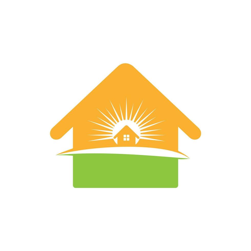 casa com design de logotipo de vetor de sol. design de logotipo de paisagem natural.