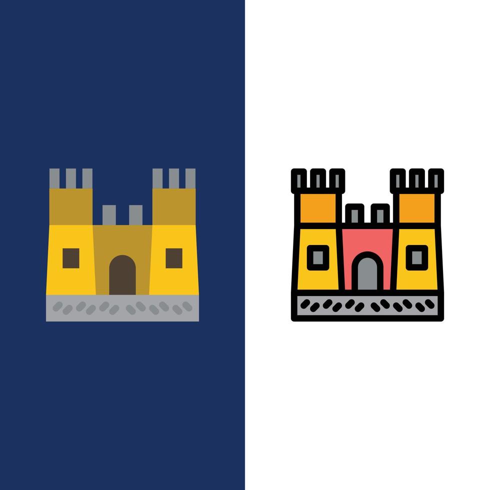 castelo de praia ícones de castelo de areia lisos e cheios de linha conjunto de ícones vector fundo azul