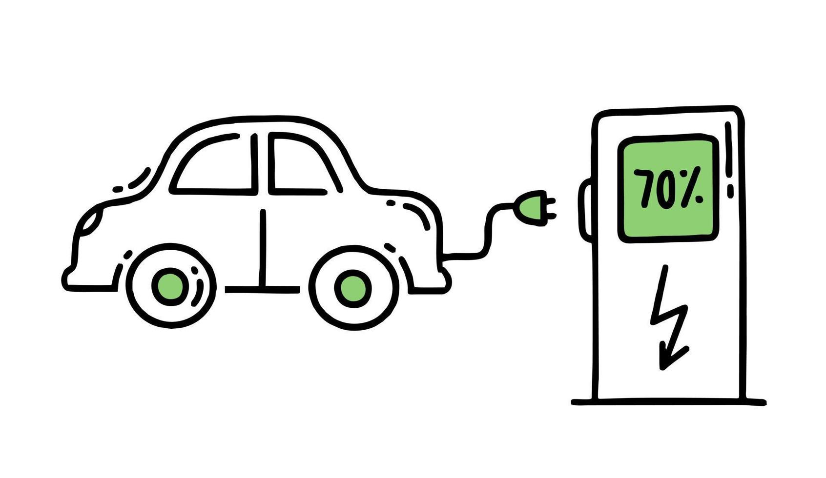 carro elétrico. reabastecimento elétrico. co2 conceito de mudança climática energia verde. doodle isolado de vetor