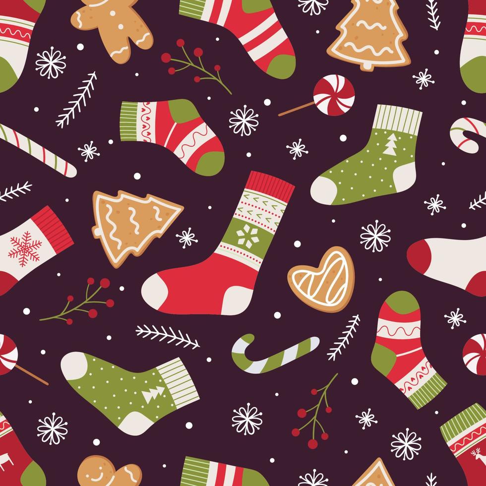 padrão sem emenda de natal com meias, pirulitos, pão de gengibre e flocos de neve. ilustração vetorial em um fundo escuro vetor