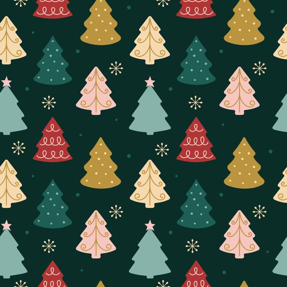 padrão sem emenda de natal com árvores de natal coloridas. fundo desenhado à mão para papel de embrulho, têxtil, tecido, capas. ilustração vetorial em um fundo verde escuro vetor