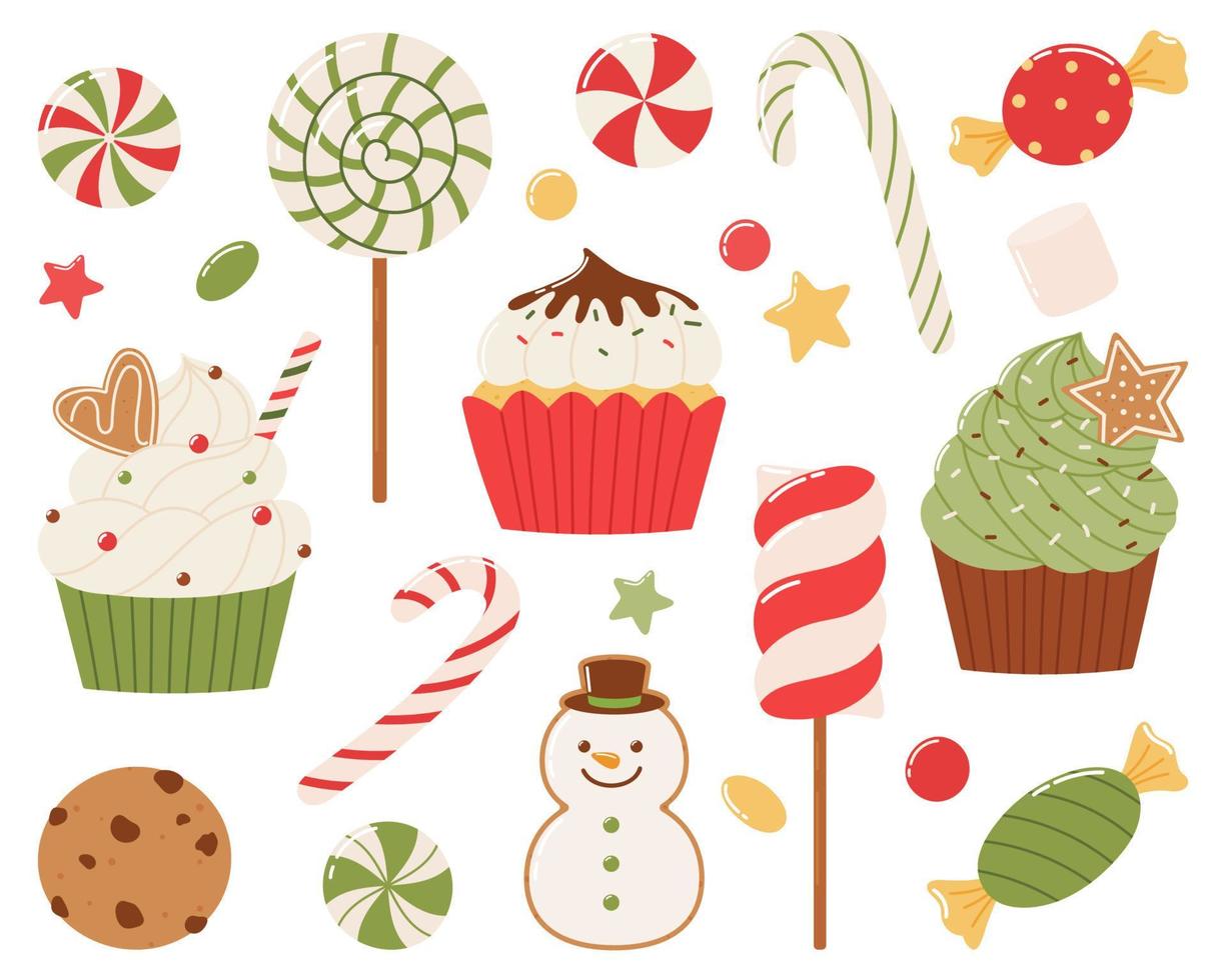 conjunto de doces de natal. bolos, doces, pão de gengibre e pirulitos em um fundo branco. ilustração vetorial vetor