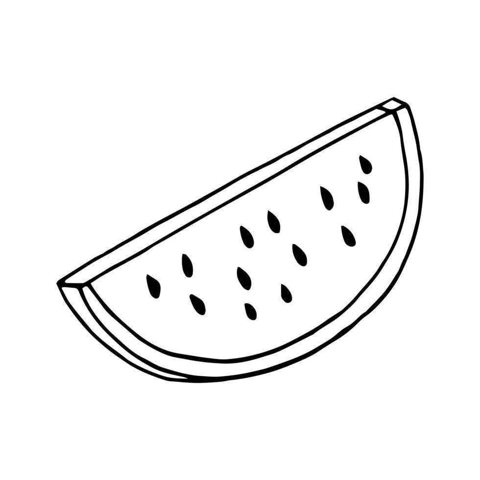 fatia de melancia. mão desenhada ilustração vetorial. minimalismo. ícone, adesivo, decoração. comida de verão de frutas frescas suculentas vetor