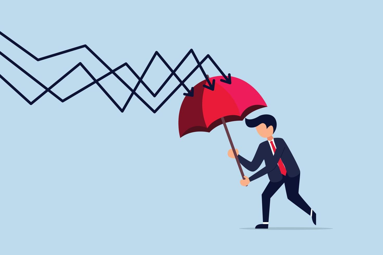 proteção ou ações defensivas em crise econômica ou queda de mercado. empresário segurando guarda-chuva para cobrir e proteger da seta de desaceleração. vetor