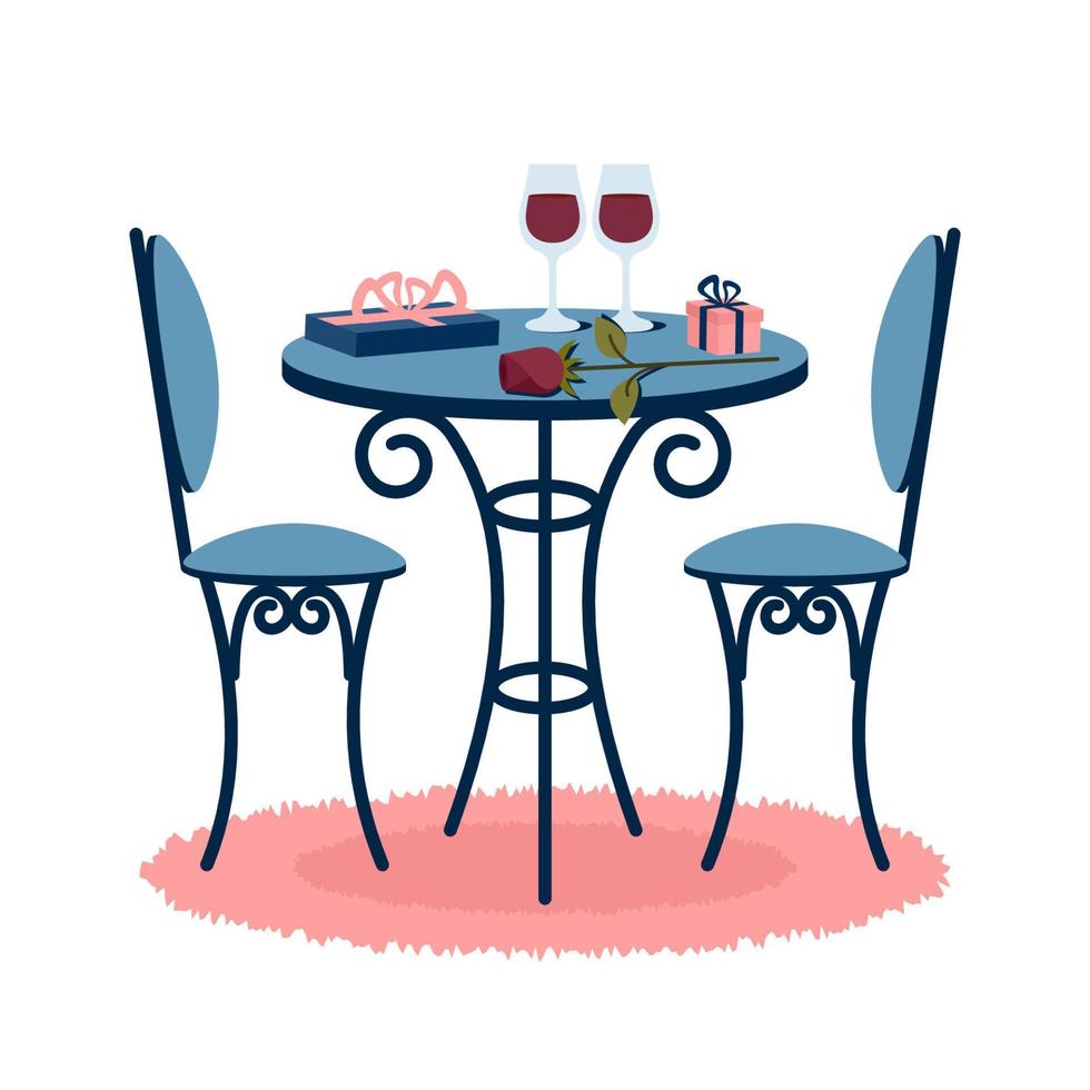 lindo jantar romântico para dois isolado. cenário romântico e decoração. Dia dos Namorados. mesa vintage, cadeiras estão de pé no tapete, copos de vinho, rosa, caixas de presente. ilustração vetorial dos desenhos animados. vetor