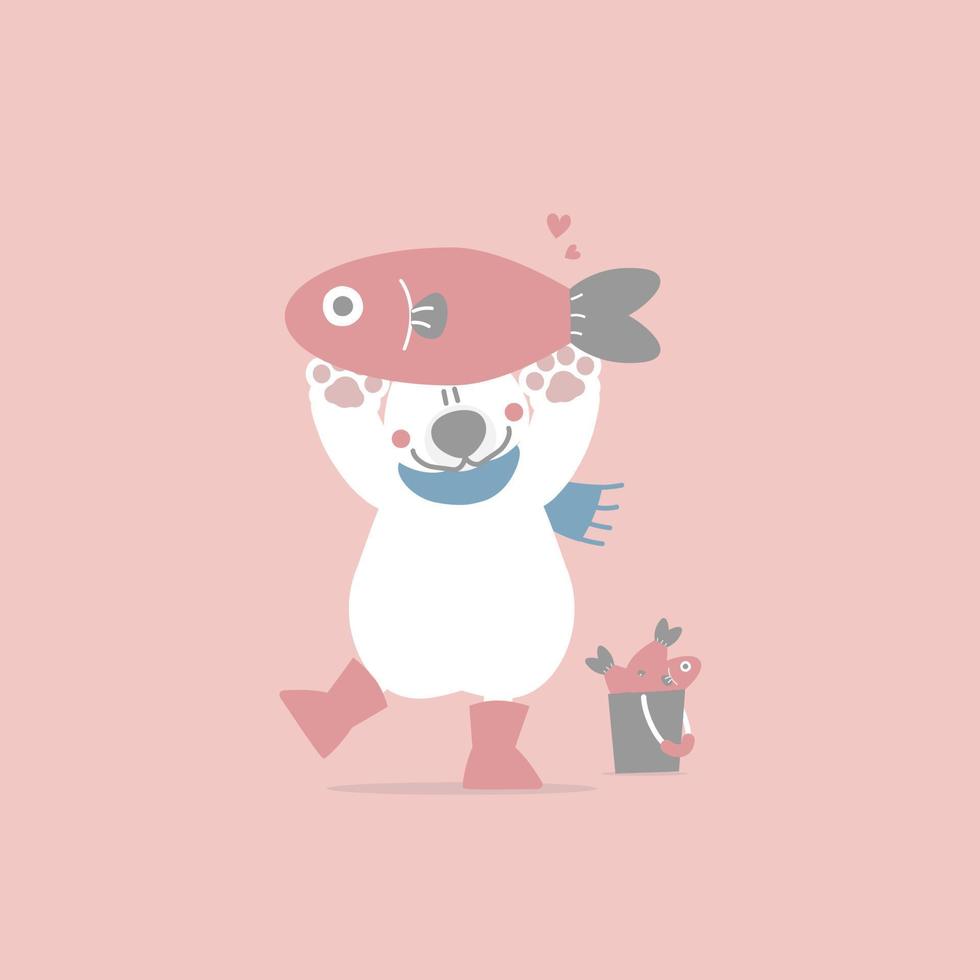 bonito e adorável urso polar desenhado à mão segurando peixe, feliz dia dos namorados, conceito de amor, ilustração vetorial plana design de figurino de personagem de desenho animado vetor