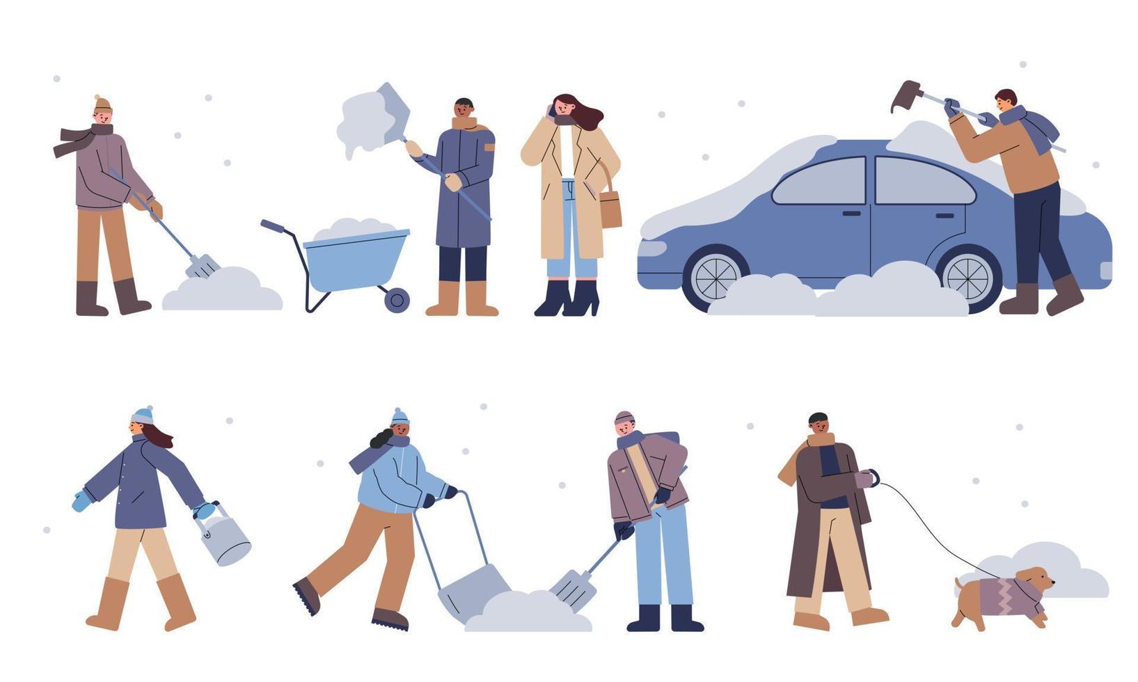 as pessoas estão limpando a neve com pás em uma rua nevada. ilustração vetorial plana. vetor