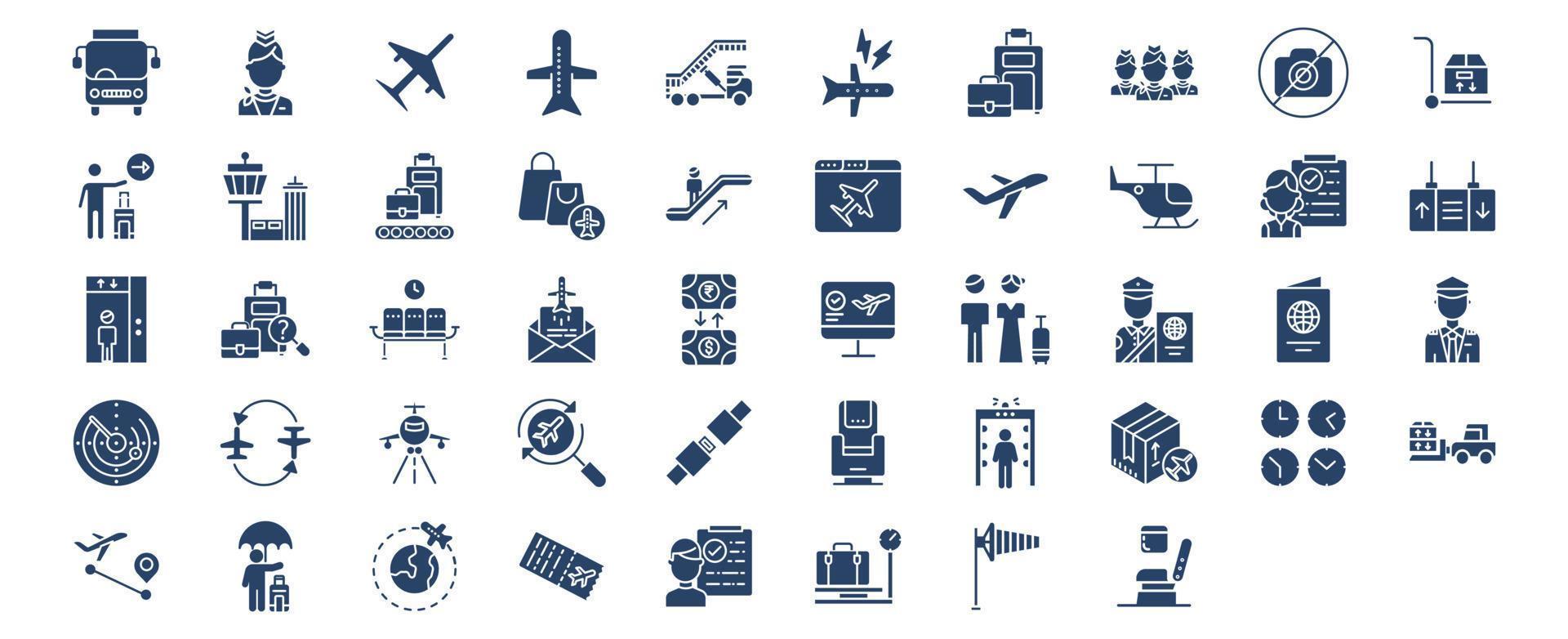 coleção de ícones relacionados a viagens de aviação e aeroporto, incluindo ícones como aeromoça, aeronave, bagagem, duty free, passageiro e muito mais. ilustrações vetoriais, conjunto perfeito de pixels vetor
