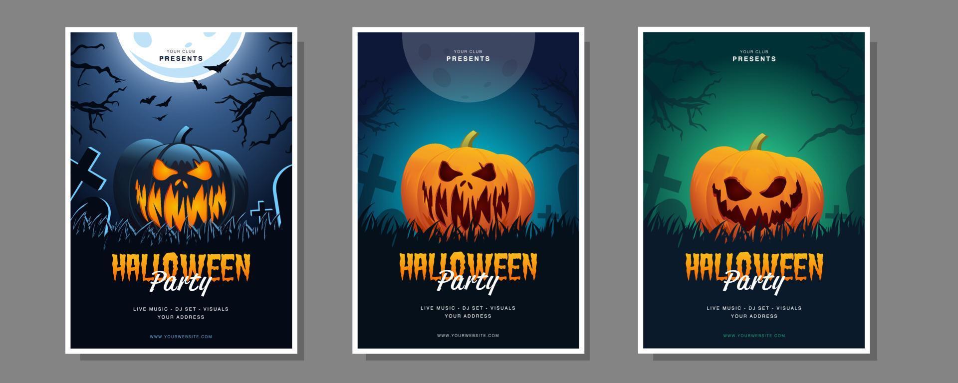 um conjunto de panfletos para uma festa no estilo helloween. cara de abóbora de vetor em fundo colorido moderno para capa, banner, folheto, pôster, apresentação. ilustração vetorial