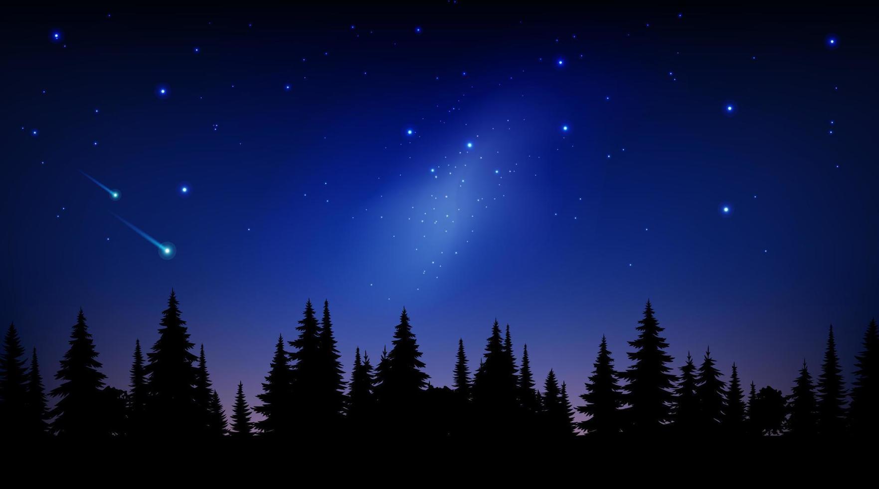floresta silhueta escura paisagem plana colorida ilustração noite céu azul com estrelas via láctea pela manhã. fundo panorâmico vetorial para turismo, viagens, aventura de acampamento. vetor