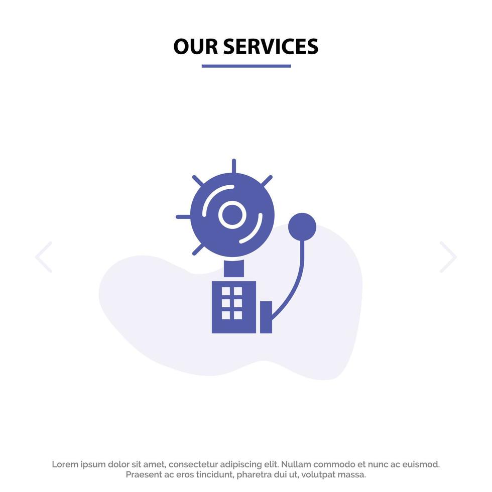 nossos serviços modelo de cartão web ícone de glifo sólido intruso de alarme de alarme de sino vetor