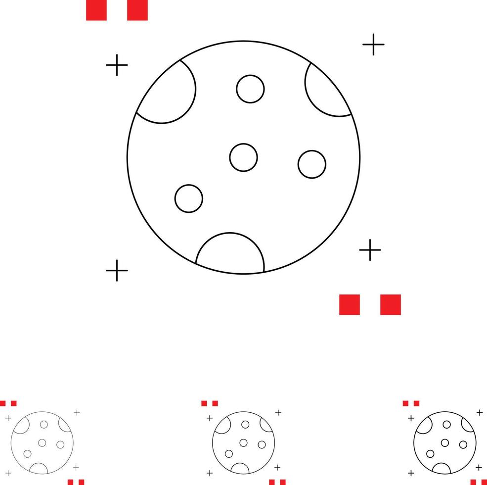 astronomia lua espaço negrito e fino conjunto de ícones de linha preta vetor