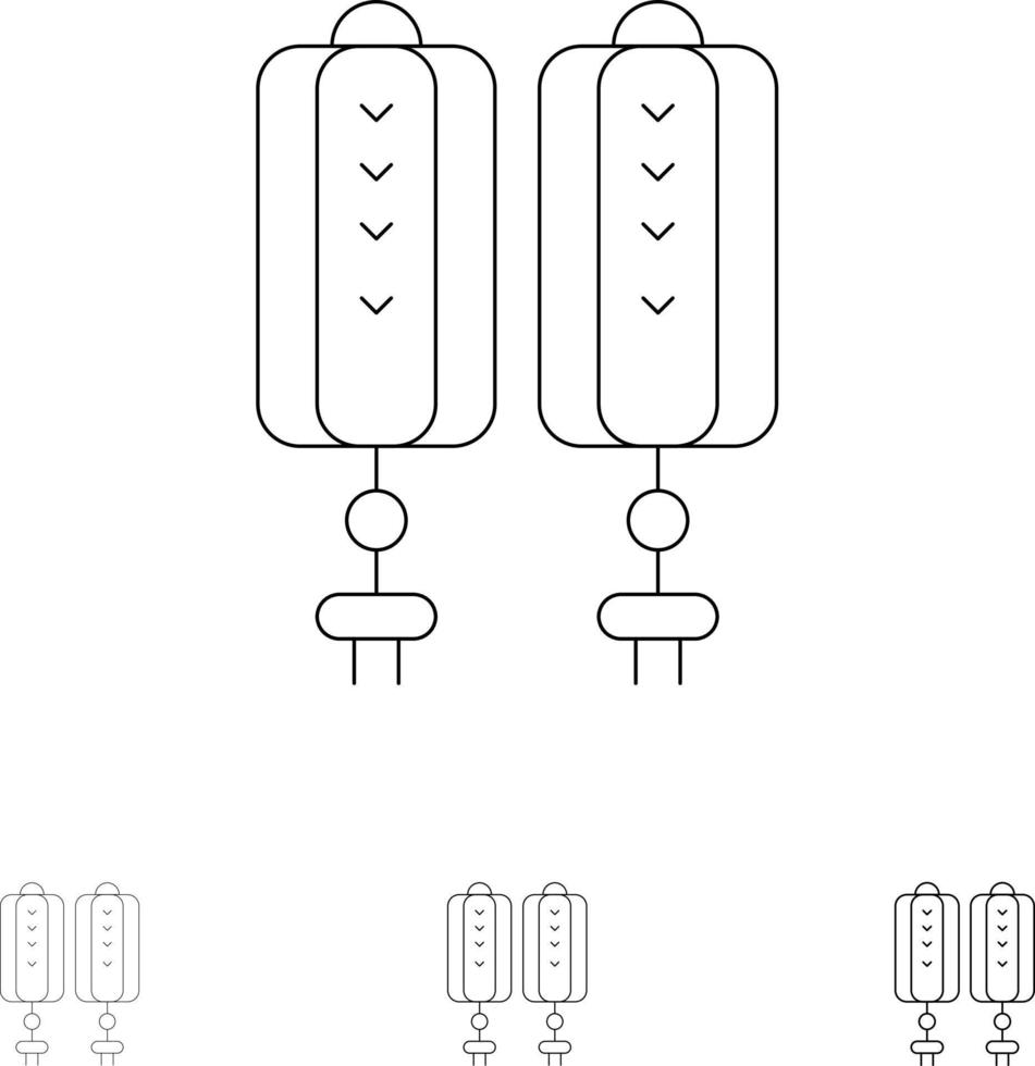 pingente china decoração chinesa em negrito e fino conjunto de ícones de linha preta vetor