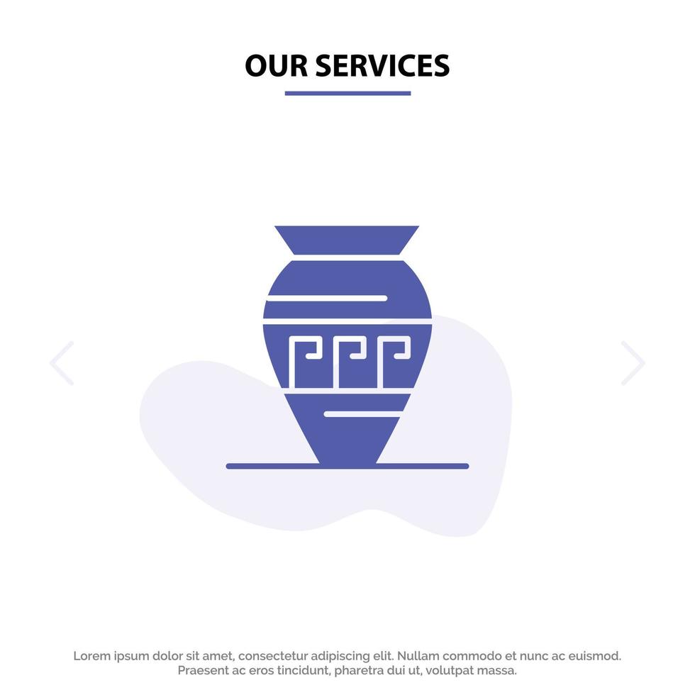 nossos serviços ânfora jarra antiga emojis jar grécia ícone de glifo sólido modelo de cartão web vetor