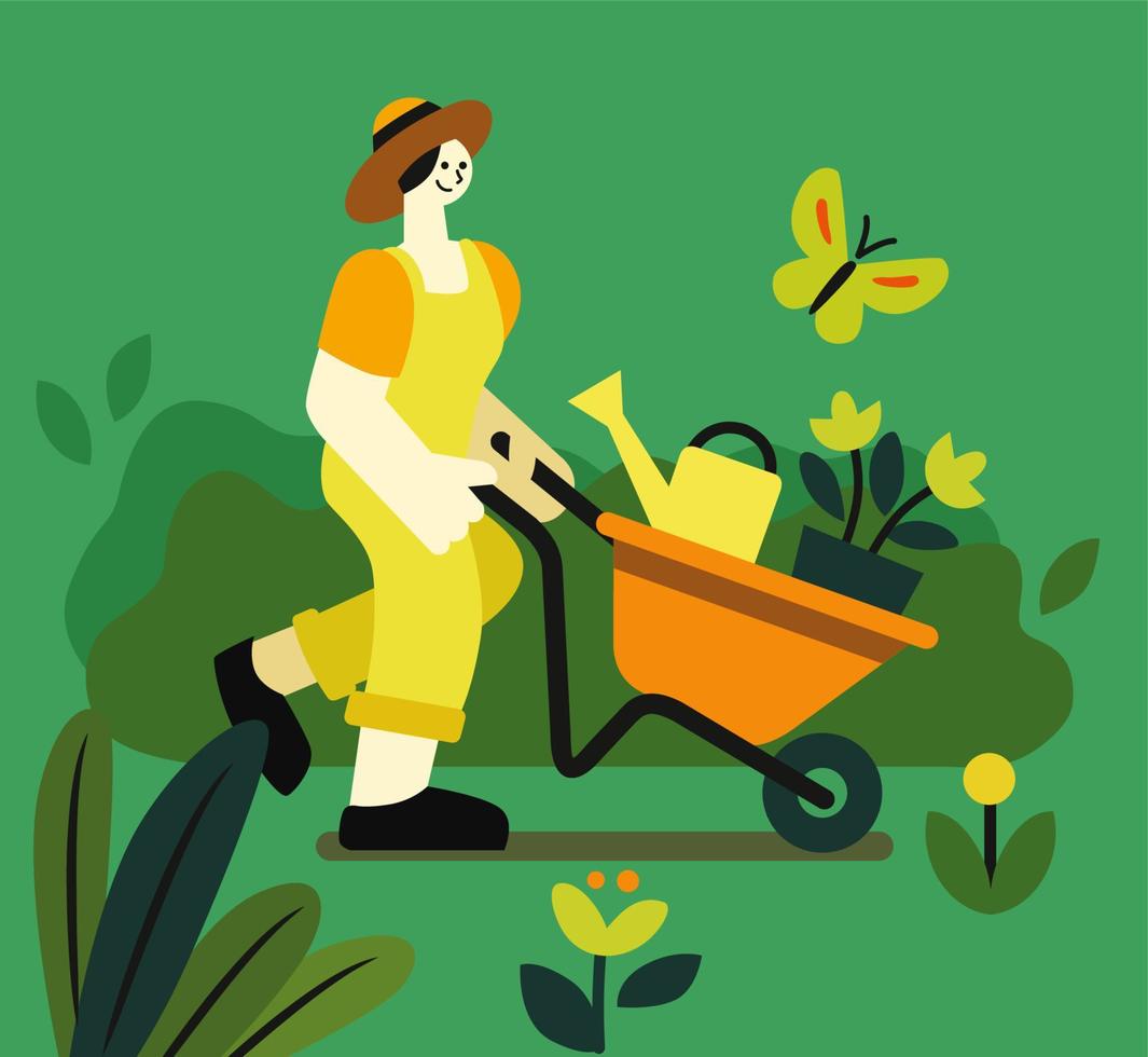 mulher carregando carrinho com plantas no jardim vetor