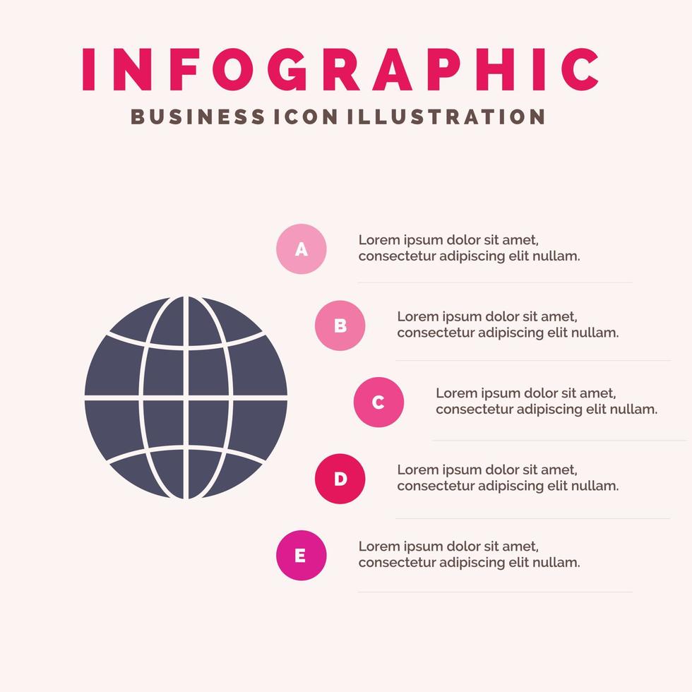 mundo globo internet design ícone sólido infográficos 5 passos fundo de apresentação vetor