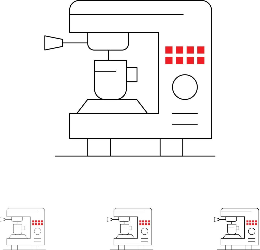 máquina elétrica de café em casa conjunto de ícones de linha preta em negrito e fino vetor