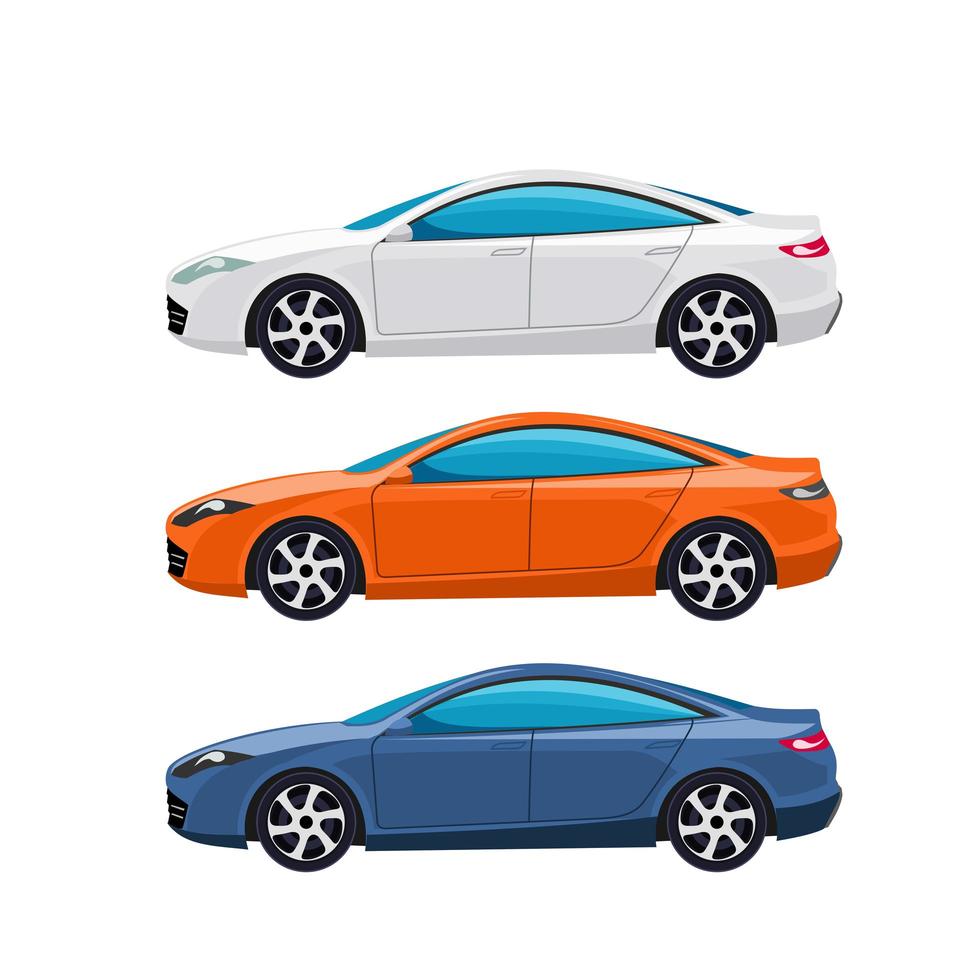 conjunto de carros sedan moderno branco, laranja e azul vetor