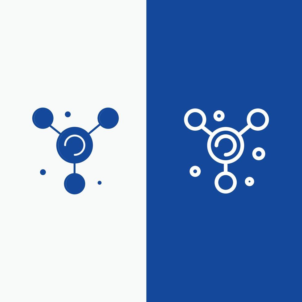 linha de ciência de molécula de átomo e ícone sólido de glifo banner azul linha e banner azul de ícone sólido de glifo vetor