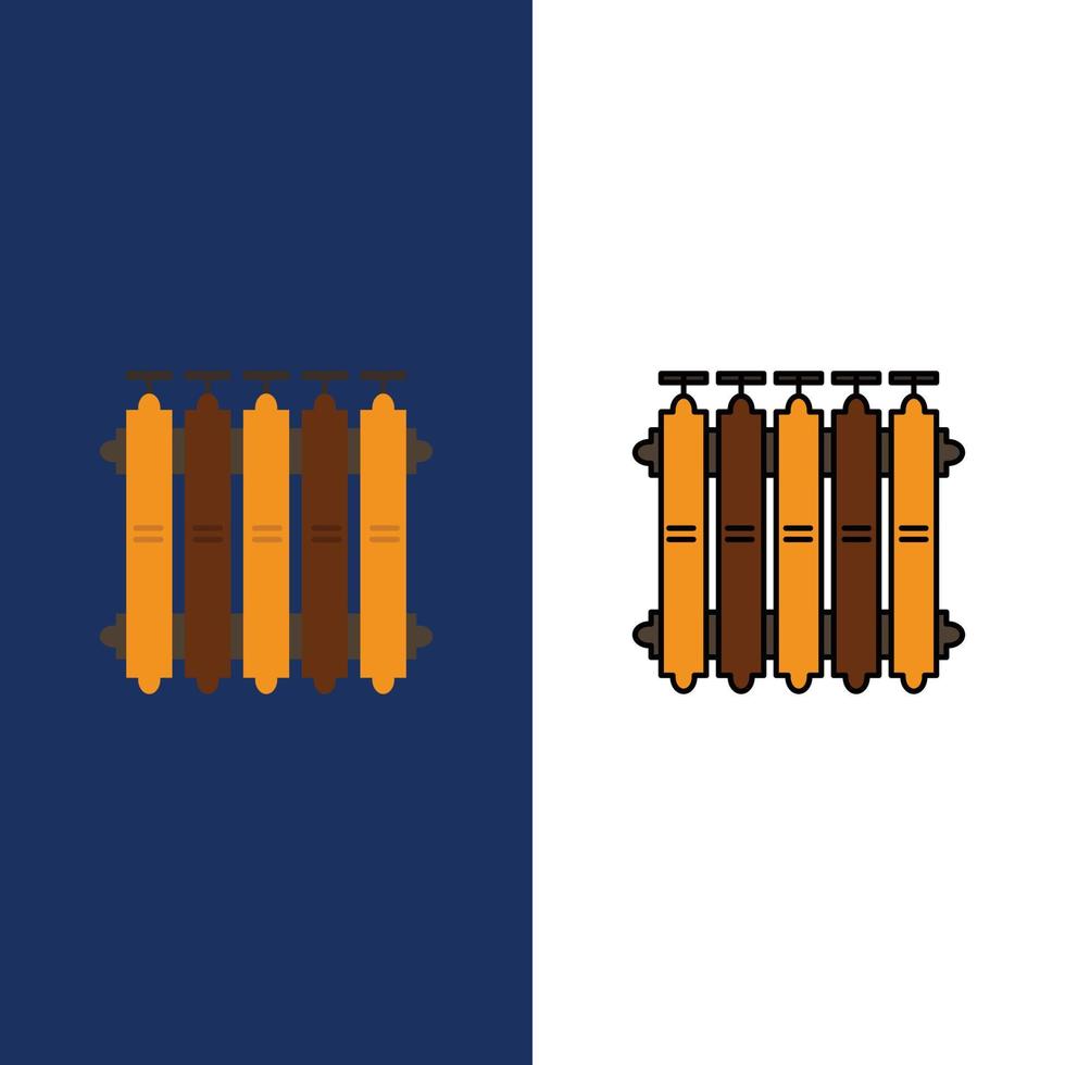 bateria de aquecimento do radiador ícones de calor quente plano e conjunto de ícones cheios de linha vector fundo azul
