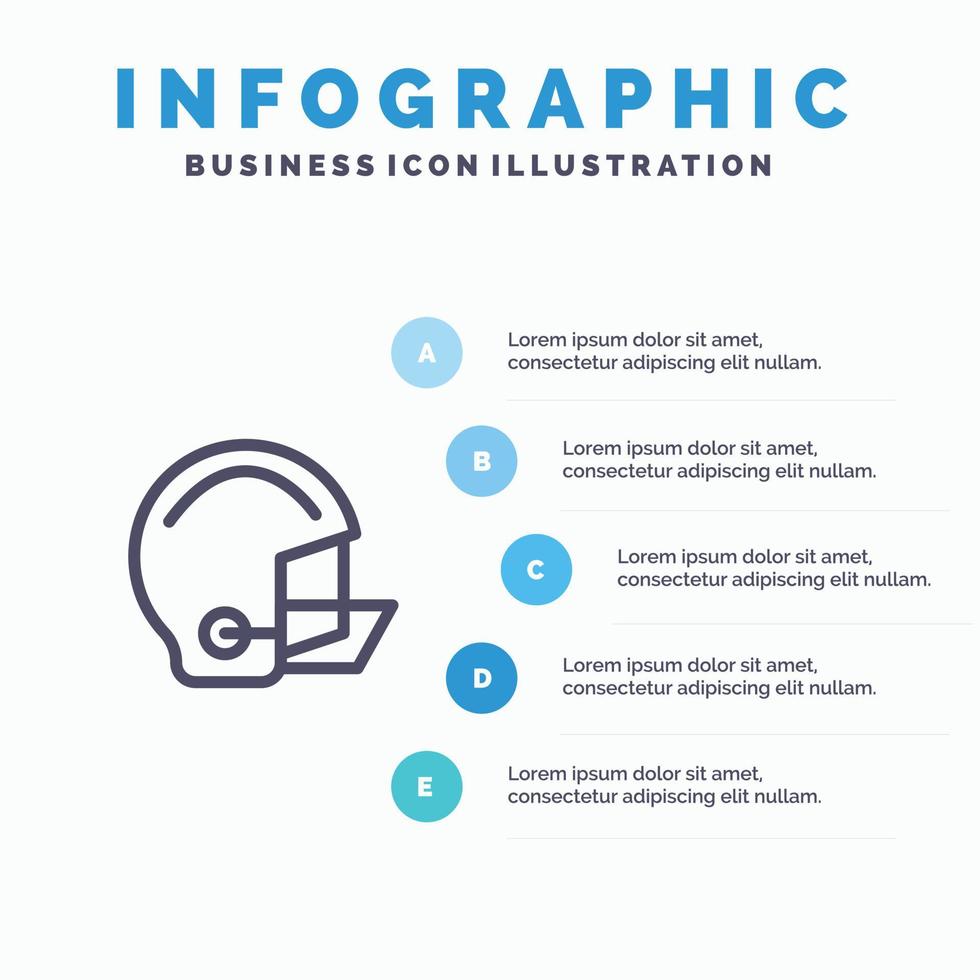 ícone de linha protetora de capacete de futebol de equipamento americano com backg de infográficos de apresentação de 5 etapas vetor