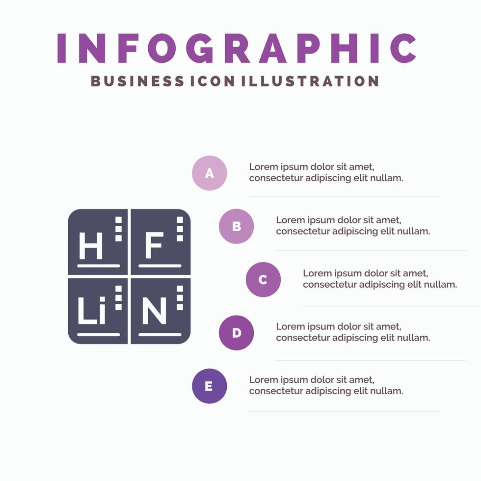 elementos da tabela periódica infográficos de ícone sólido médico fundo de apresentação de 5 etapas vetor