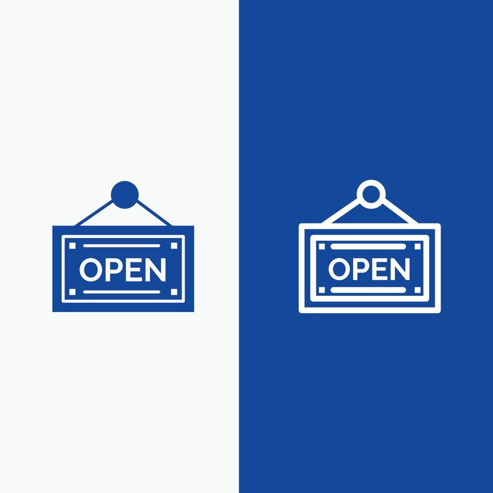 linha de placa de loja aberta e banner azul de ícone sólido de glifo vetor