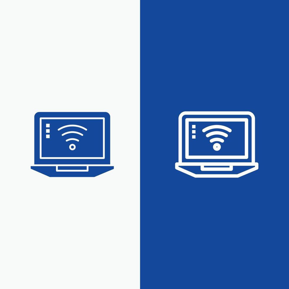 sinal de computador portátil linha wifi e glifo ícone sólido banner azul vetor