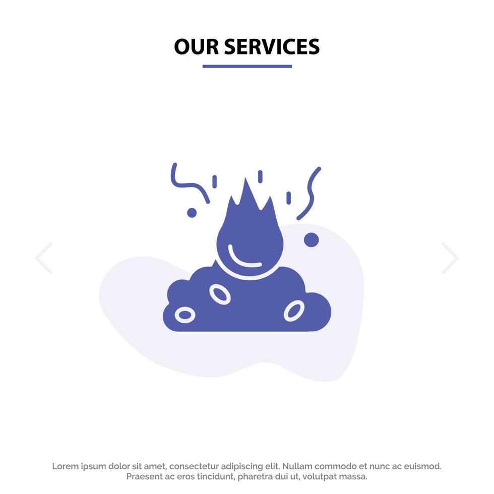 nossos serviços queimam fogo lixo poluição fumaça ícone de glifo sólido modelo de cartão web vetor