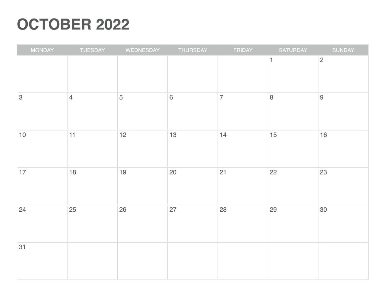 calendário simples de outubro de 2022, comece segunda-feira vetor