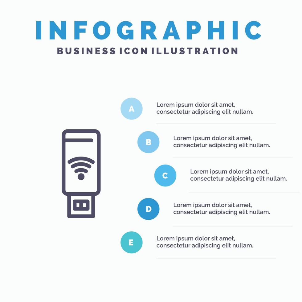 modelo de infográficos azul de sinal de serviço wi-fi usb modelo de ícone de linha vetorial de 5 passos vetor