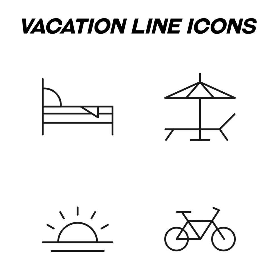sinais de contorno minimalista desenhados em estilo simples. traço editável. ícone de linha vetorial definido com símbolos de cama, espreguiçadeira, espreguiçadeira, sol sobre o mar, bicicleta vetor