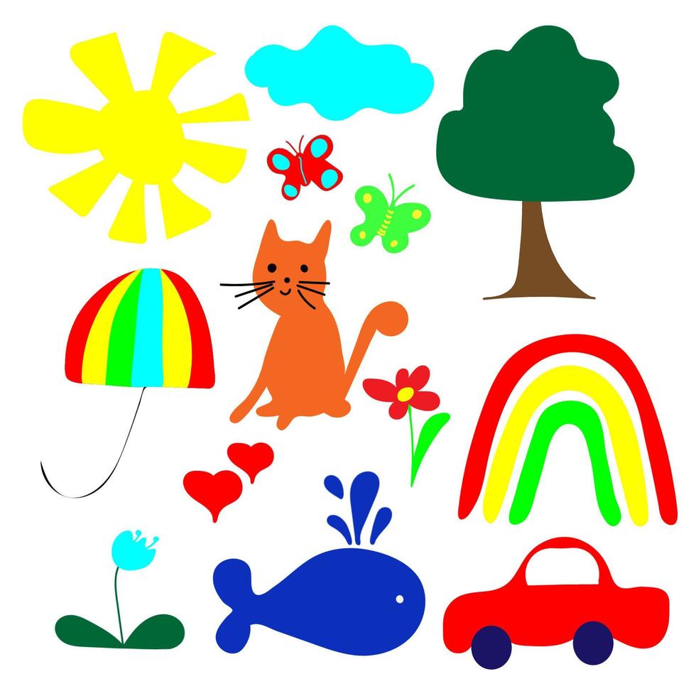 desenho de mão infantil para têxteis, cartazes, cartões postais. design infantil de tecido. flores brilhantes, arco-íris, guarda-chuva e muito mais. vetor