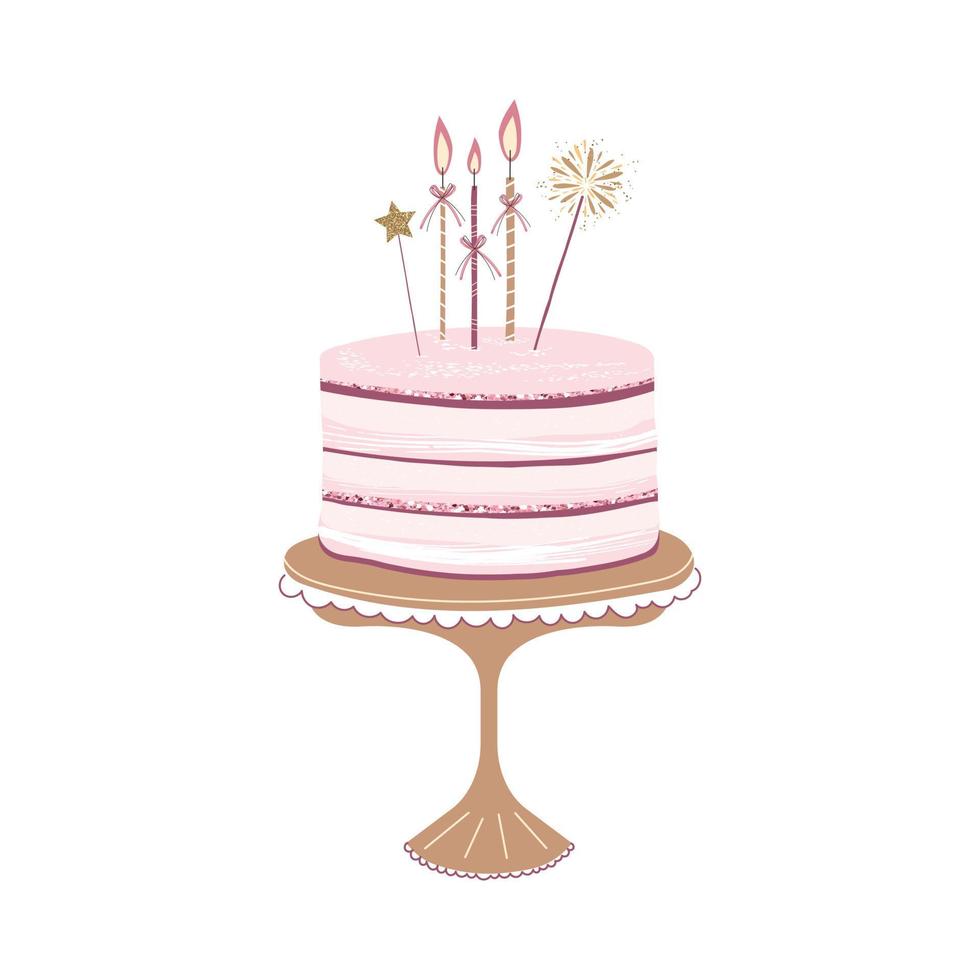 ilustração de um bolo rosa festivo com velas para cartões em fundo branco. vetor