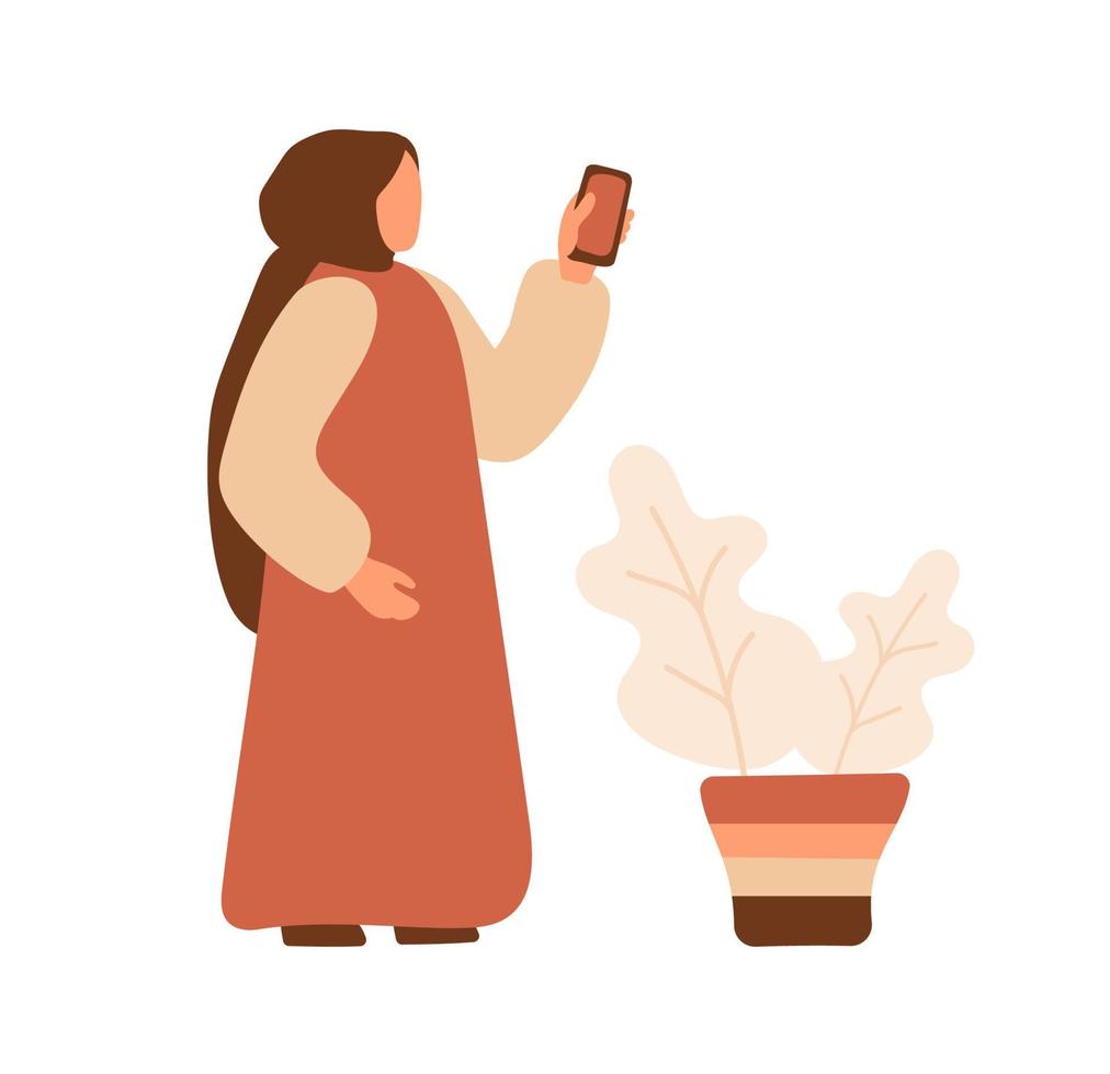 mulher muçulmana árabe plana segurando um telefone na mão. garota de negócios de pessoas em burca. ilustração vetorial vetor