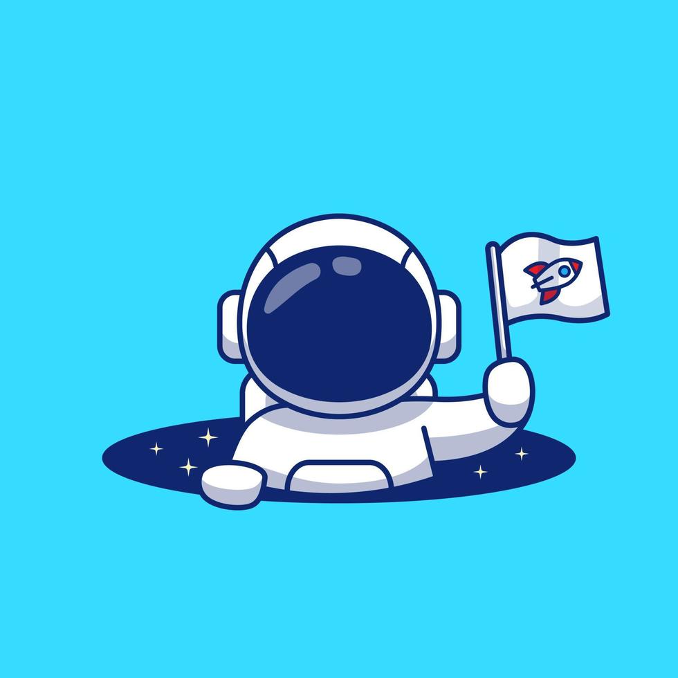 astronauta bonito segurando a bandeira na ilustração do ícone do vetor dos desenhos animados do buraco do espaço. ciência tecnologia ícone conceito isolado vetor premium. estilo de desenho animado plano