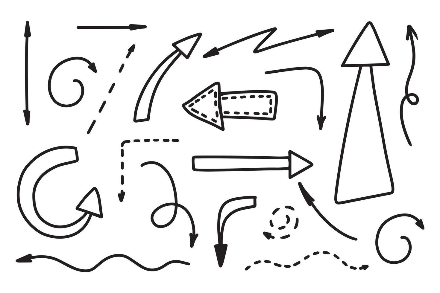 conjunto de setas desenhadas à mão. coleção de flechas em estilo doodle. ilustração vetorial. ponteiros. vetor