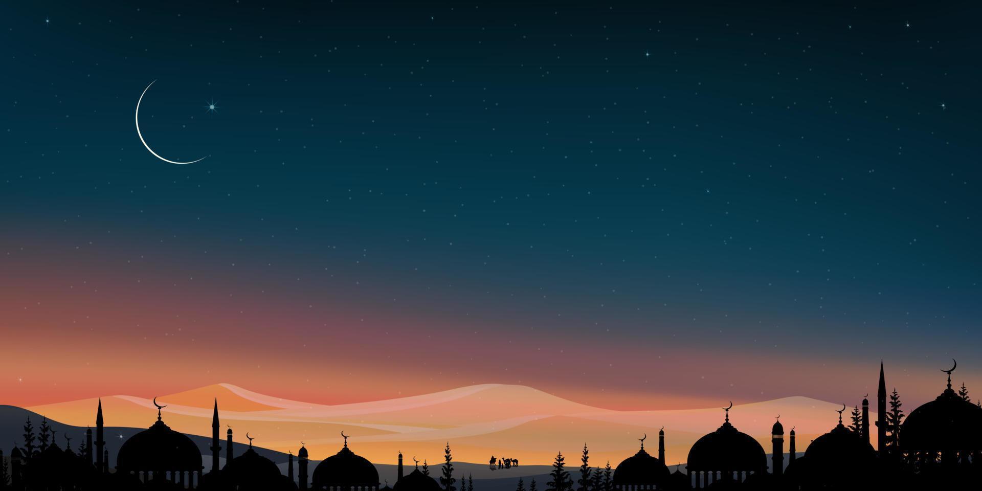fundo de eid mubarak, mesquitas de cúpula de silhueta à noite, céu azul de lua crescente, família árabe vetorial, caravana muçulmana andando de camelo passando pelas dunas de areia, religiões islâmicas, eid al-adha, eid al-fitr vetor