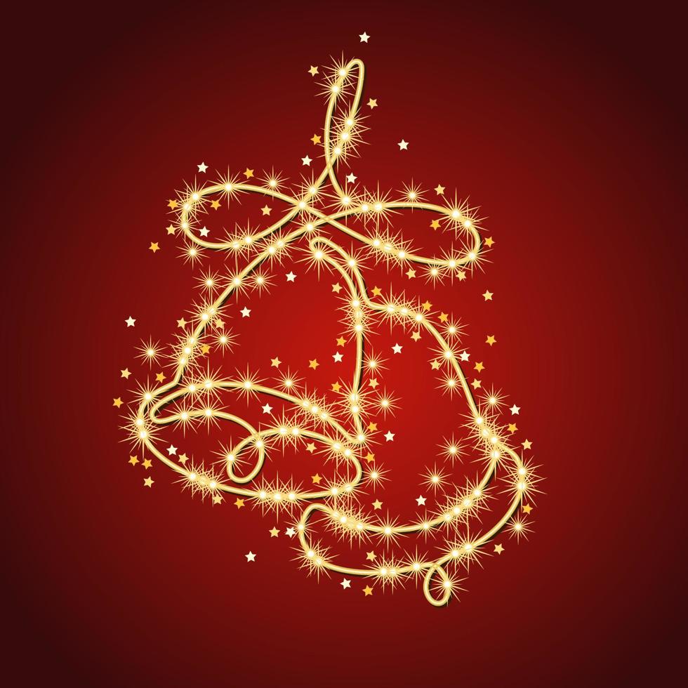 dois sinos são desenhados uma linha com pequenas estrelas cintilantes sobre fundo vermelho. ilustração festiva para natal, feriado de ano novo, casamento, eventos de festa. vetor
