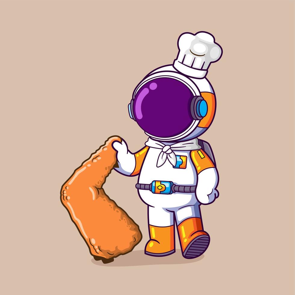 o astronauta do chef está segurando uma asa de frango e vai fritar para servir o cliente vetor