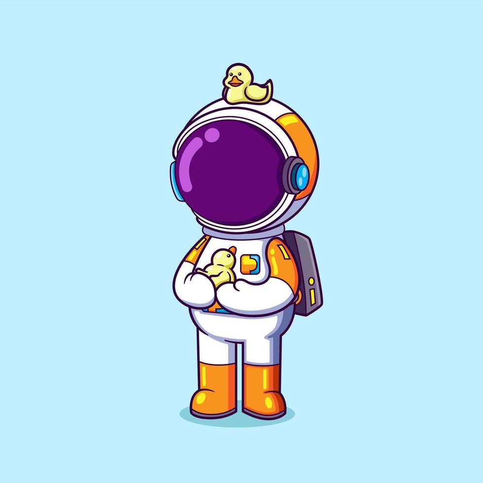 o astronauta está brincando de boneca de pato na mão e na cabeça vetor