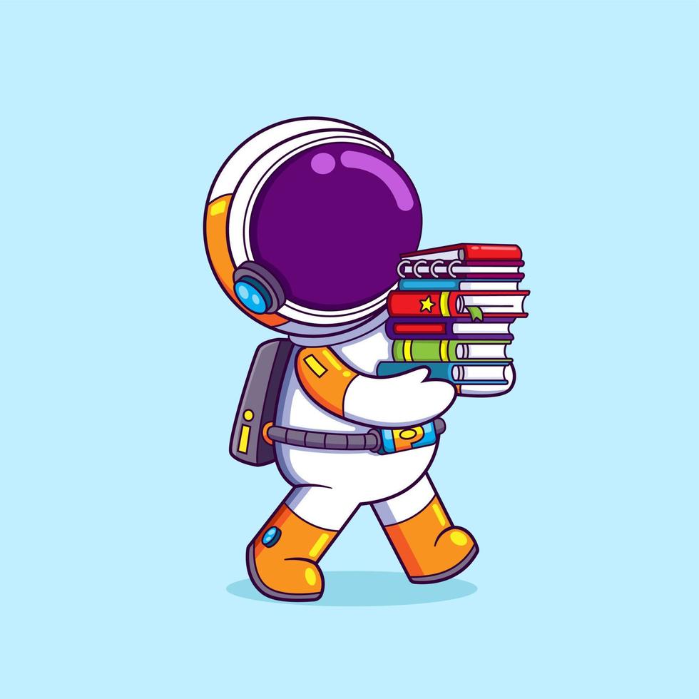 o astronauta inteligente está segurando um monte de livro da biblioteca vetor