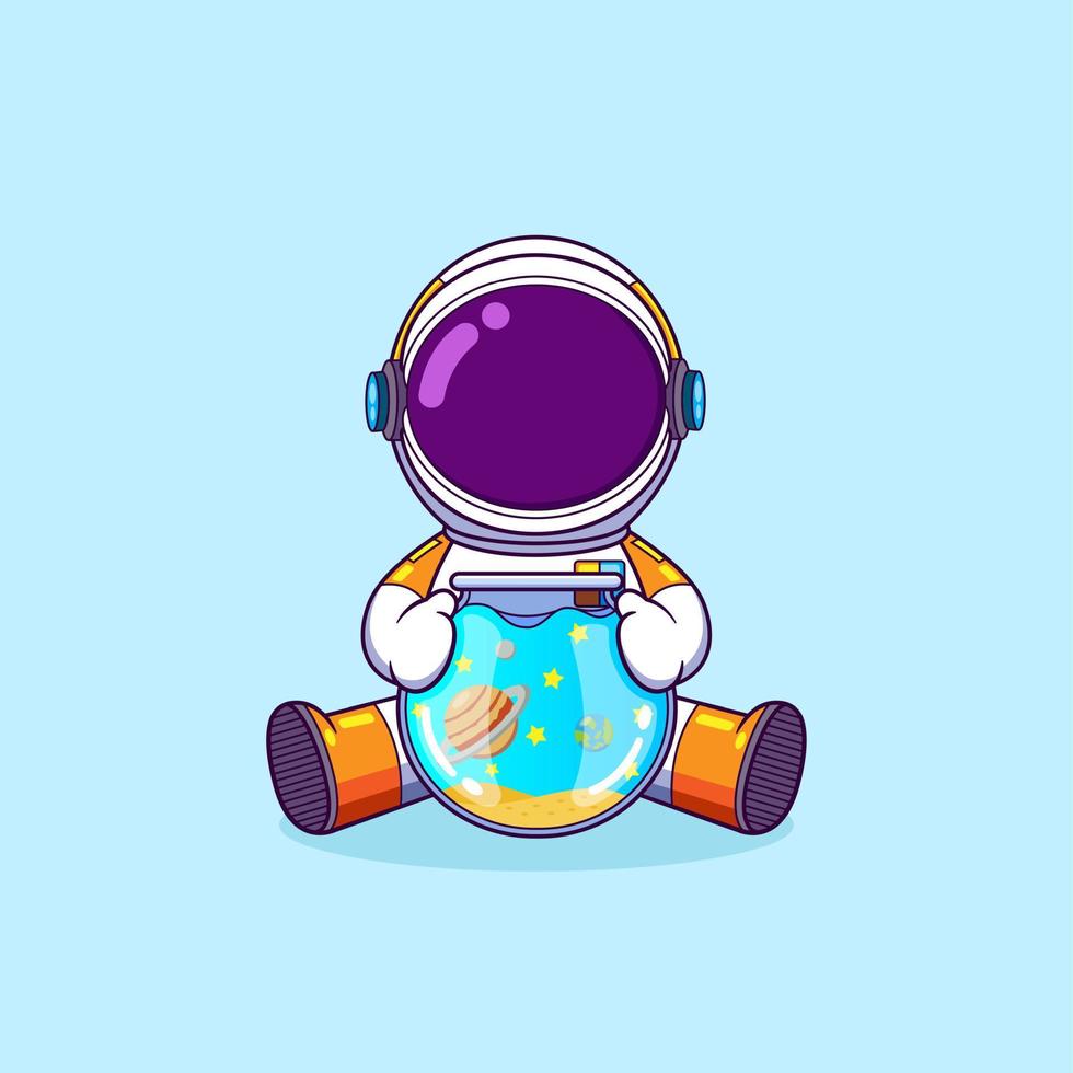 o astronauta está segurando um pequeno aquário com o planeta dentro enquanto está sentado vetor