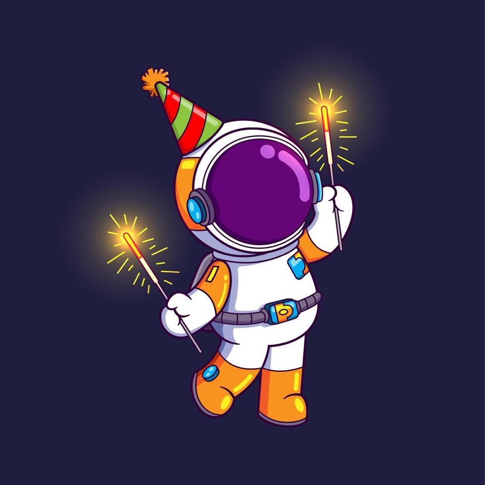 o astronauta feliz está jogando o fogo de artifício na noite do ano novo vetor