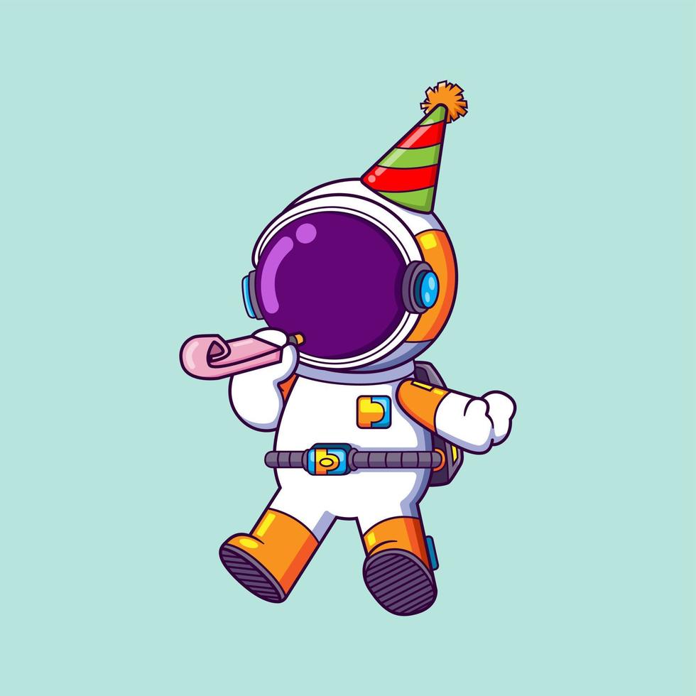 o astronauta está comemorando o ano novo soprando o apito e usando o chapéu de festa vetor