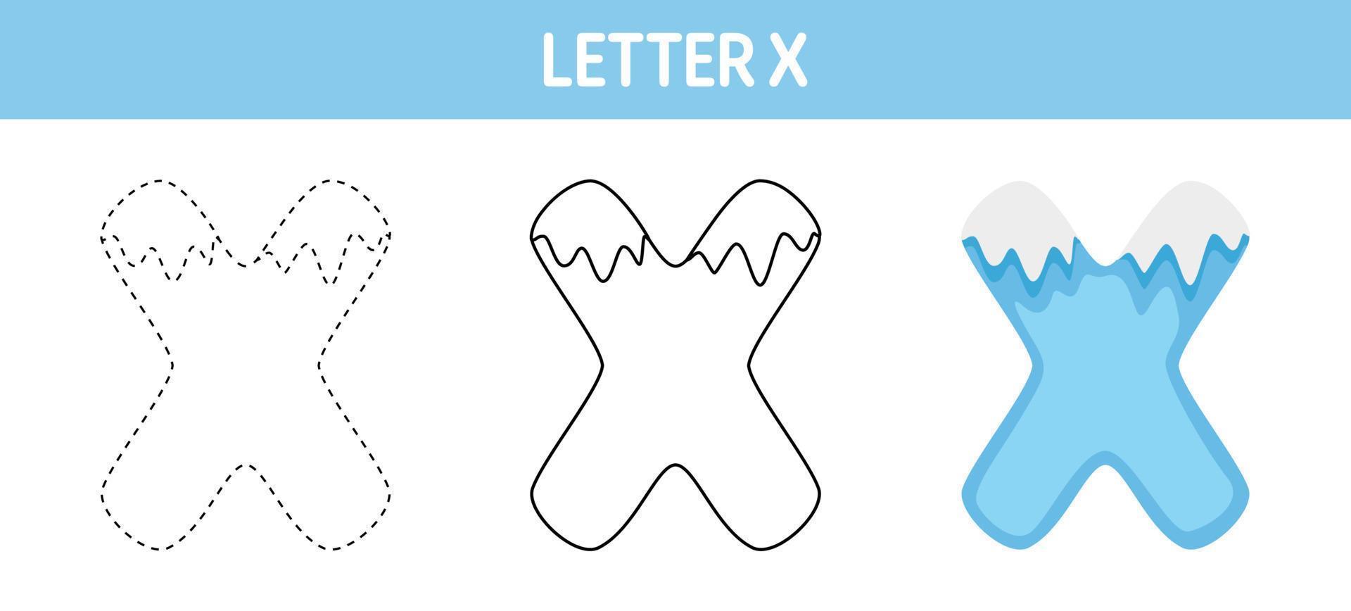 letra x planilha de rastreamento e coloração de neve para crianças vetor