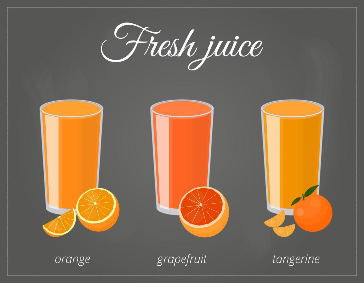 desenhos animados de sucos de laranja, toranja e tangerina. vetor
