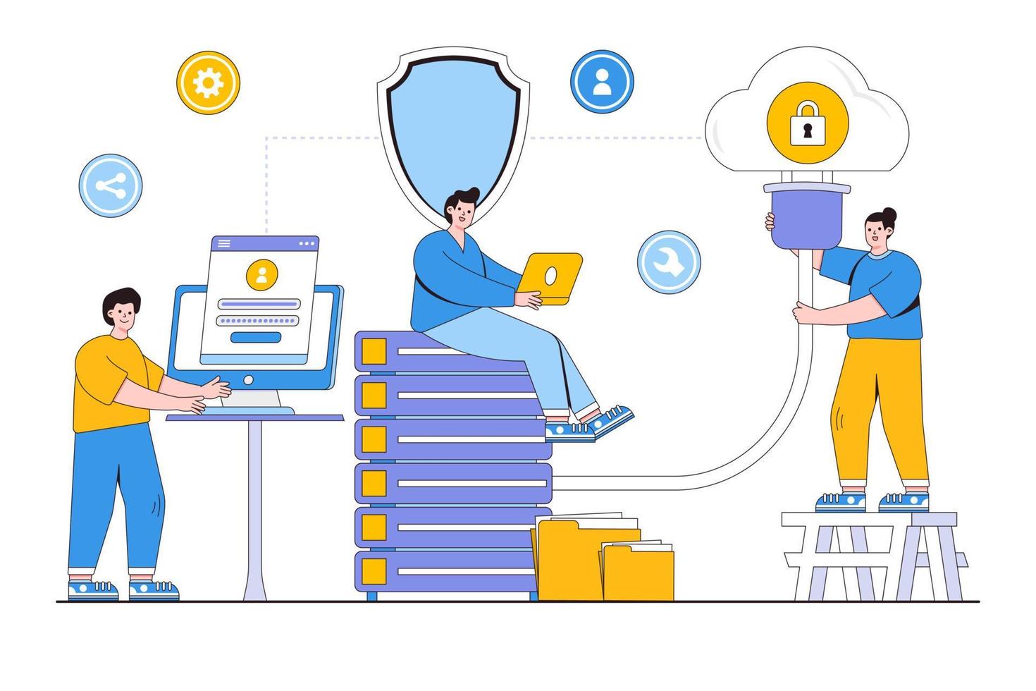 armazenamento em nuvem de tecnologia de negócios plana e serviço de servidor com administrador e desenvolvedor trabalhando no conceito de estação de trabalho. ilustração vetorial mínima de estilo de design de contorno vetor