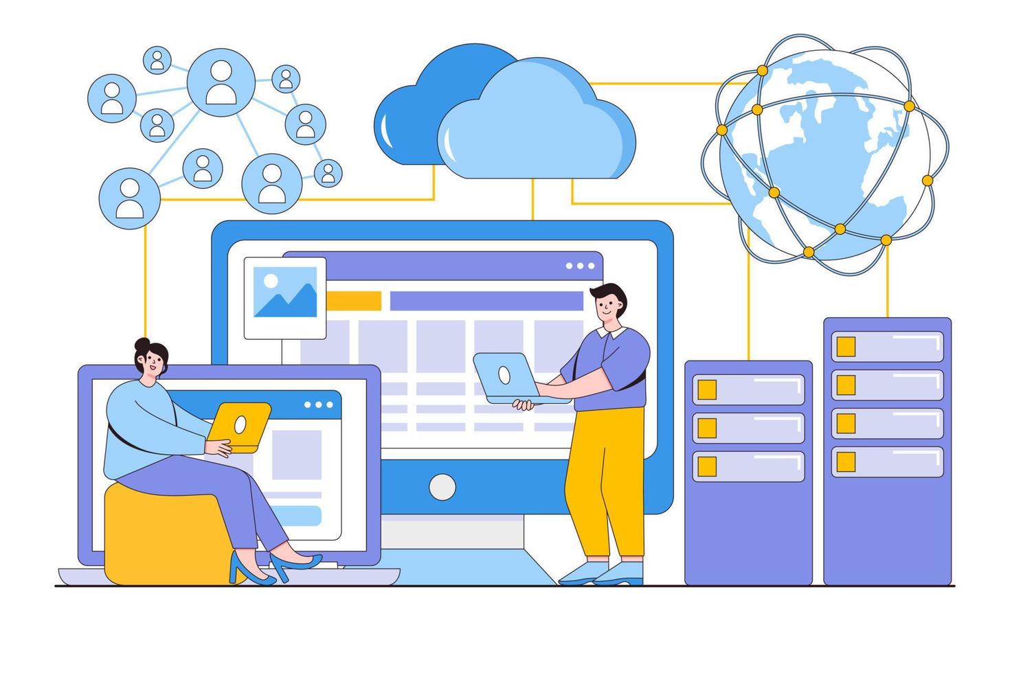 big data de tecnologia de negócios plana com banco de dados em nuvem e conceito de trabalho de equipe de desenvolvedores. ilustração vetorial mínima de estilo de design de contorno vetor