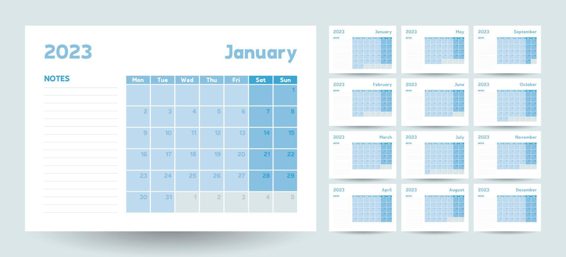 modelo de calendário mensal para o ano de 2023, calendário de parede em estilo minimalista com cores azuis pastel vetor